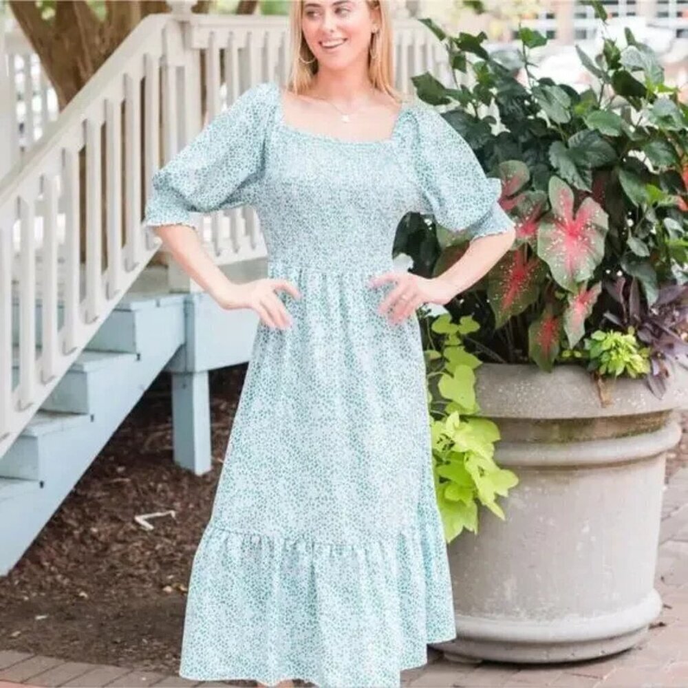 Michelle McDowell Nadia Happy State Blue Green Dot Tiered Midi Dress - 35748